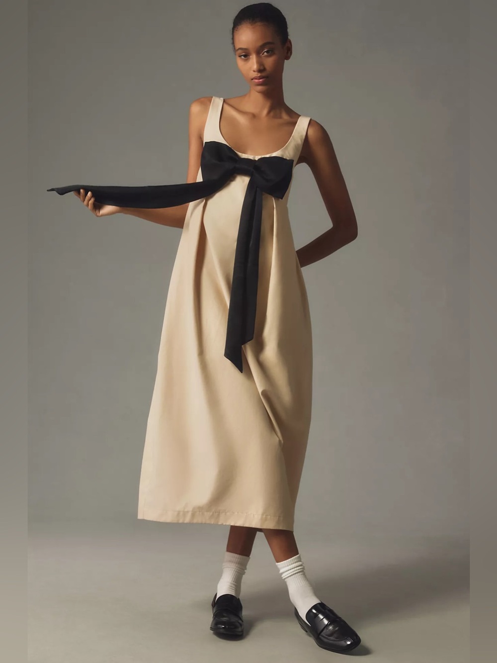 Maeve Anthropologie Bow Midi Dress Ivory Black Ribbon Smocked Back XXS